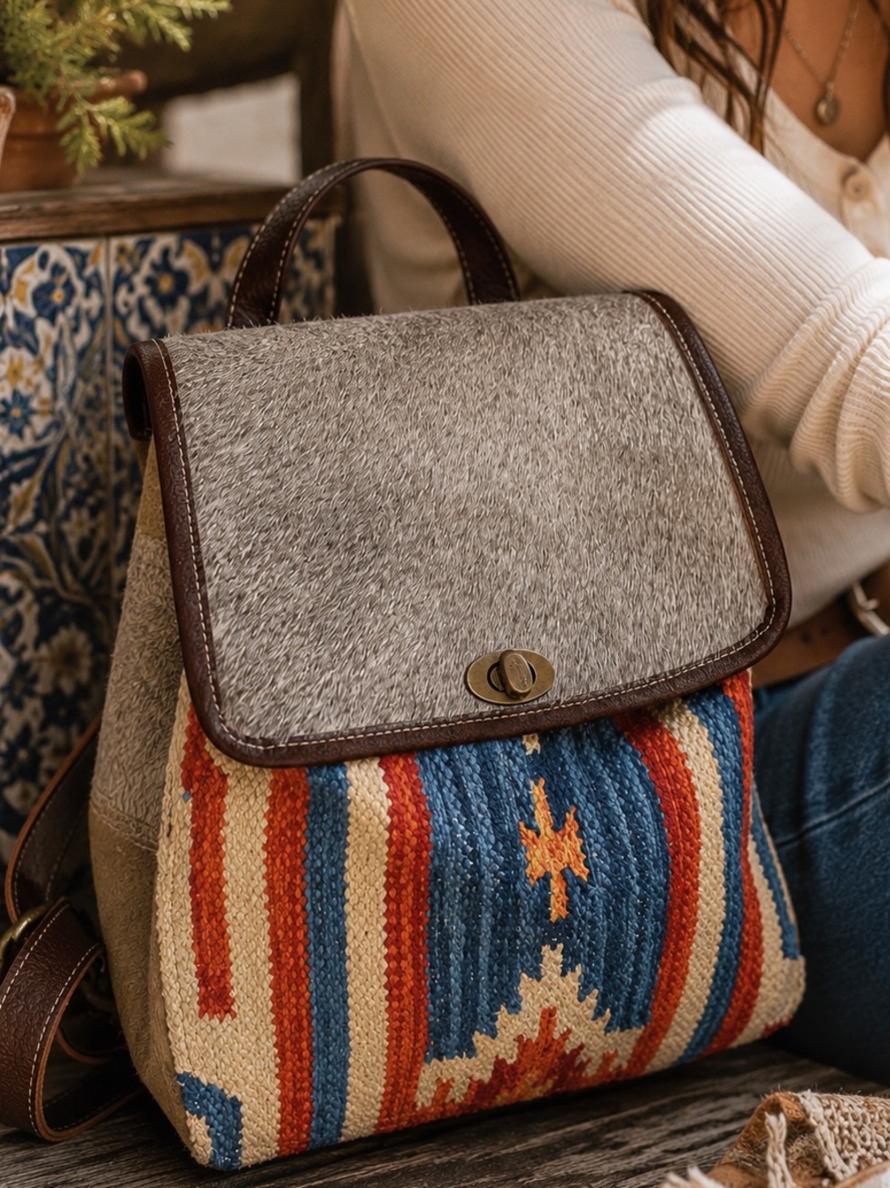 Myra Bag Hair-on-Hide Southwestern Backpack Canvas Leather Boho Western